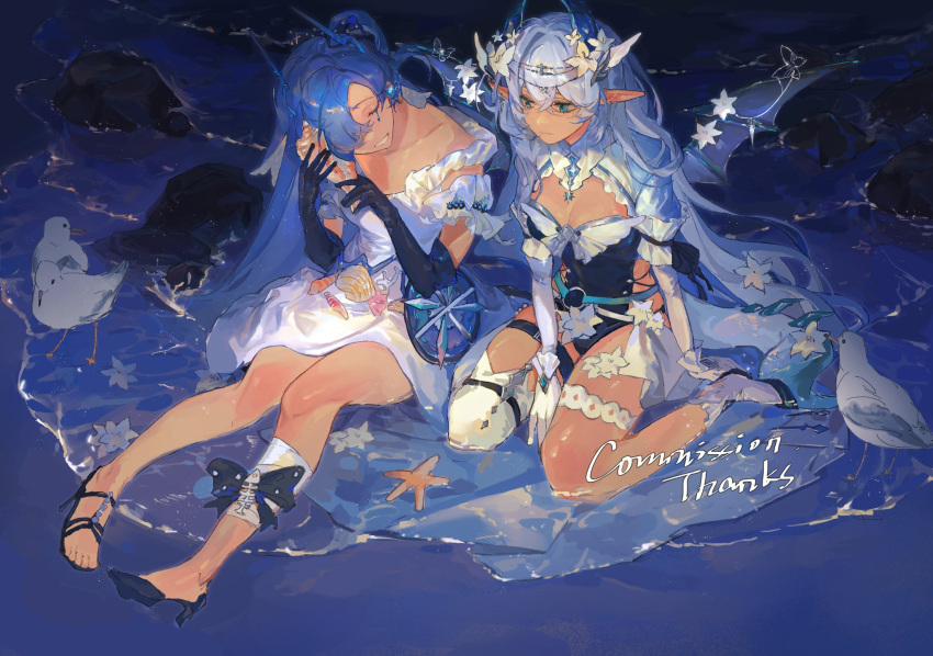 2girls beach bird black_gloves blue_eyes blue_hair breasts cleavage closed_eyes closed_mouth collarbone commission crossed_bangs dress elbow_gloves elf gloves hair_between_eyes hair_ornament hair_over_one_eye highres holding holding_shell long_hair looking_at_another multiple_girls nohonkingplz ocean original outdoors pointy_ears rock sandals shell sidelocks sitting smile toes water white_bird white_dress white_gloves white_hair