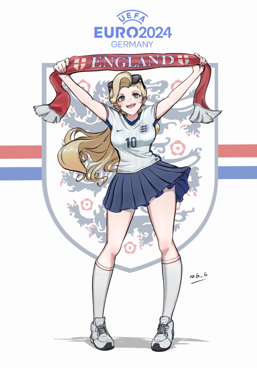 :d arms_up artist_name blonde_hair blue_skirt breasts commentary england english_commentary english_flag english_text euro_2024 eyewear_on_head female full_body green_eyes highres holding holding_clothes holding_scarf kneehighs large_breasts long_hair looking_at_object looking_up mg_g miniskirt original pleated_skirt red_scarf scarf shirt shoes short_sleeves skirt smile sneakers socks solo sunglasses teeth upper_teeth_only white_background white_footwear white_shirt white_socks