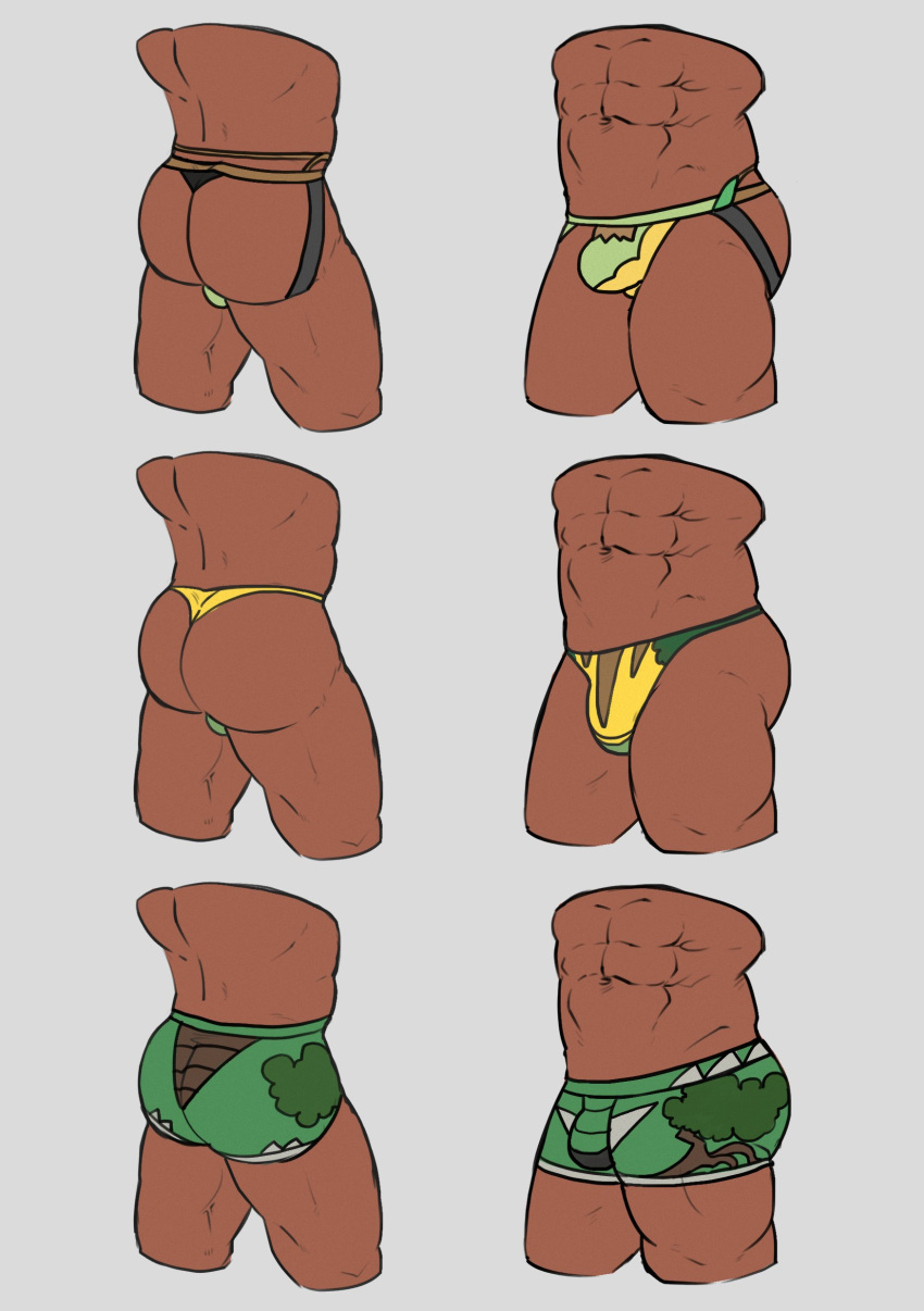 1boy abs absurdres ass bara bikini briefs bulge dark_skin deny_hanamura grey_background grotle highres huge_ass jockstrap male_focus male_swimwear male_underwear manly mature_male pokemon simple_background swim_briefs swimsuit thick_thighs thighs thong thong_bikini torterra turtwig underwear veins