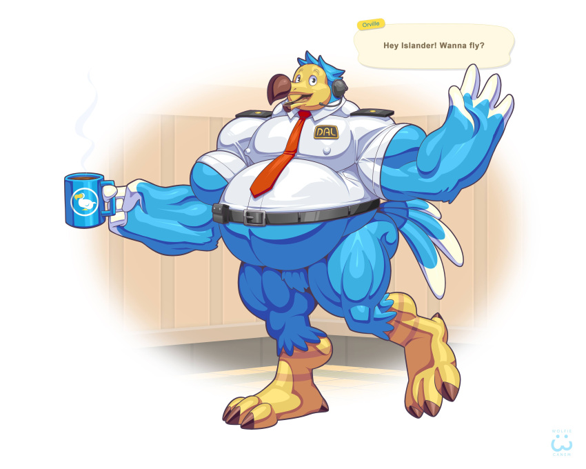 2020 4_fingers absurd_res animal_crossing anthro artist_name ass avian avian_feet badge beak belly belt belt_buckle beverage biceps big_biceps big_muscles biped bird black_belt black_eyes blue_arms blue_belly blue_butt blue_hair blue_hands blue_legs blue_neck blue_tail_feathers brown_beak brown_claws buckle claws clothed clothed_anthro clothed_male clothing coffee coffee_mug columbid container cup dialogue digital_drawing_(artwork) digital_media_(artwork) dodo dodo_airlines_(animal_crossing) electronics english_text exclamation_point extinct eyewear feathers featureless_crotch fingers gameplay_mechanics greeting greeting_viewer hair hand_on_hip hand_on_own_hip headphones hi_res holding_container holding_cup holding_mug holding_object huge_arms huge_muscles logo looking_at_viewer male monotone_face monotone_hair mug muscular muscular_legs necktie neckwear nintendo nipple_outline nipples open_mouth orville_(animal_crossing) overweight overweight_anthro overweight_male pilot_uniform professional_clothes question question_mark questioning recently_extinct_species red_necktie red_neckwear shirt signature simple_background solo speech_bubble standing tail tail_feathers talking_to_viewer text thick_arms thick_thighs tongue topwear two_tone_tail_feathers white_background white_clothing white_fingers white_shirt white_tail_feathers white_topwear wolfiecanem yes-no_question