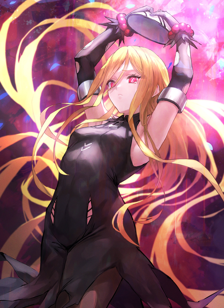 armpits arms_up bead_bracelet beads black_dress black_gloves blonde_hair bracelet breasts cowboy_shot crying crying_with_eyes_open cuffs dress elbow_gloves evileye_(overlord) female floating_hair from_below gloves highres holding holding_mask jewelry keyhole long_hair looking_at_viewer mask otsukemono overlord_(maruyama) red_eyes shackles sidelocks simple_background sleeveless sleeveless_dress solo tears torn_clothes torn_gloves unworn_mask