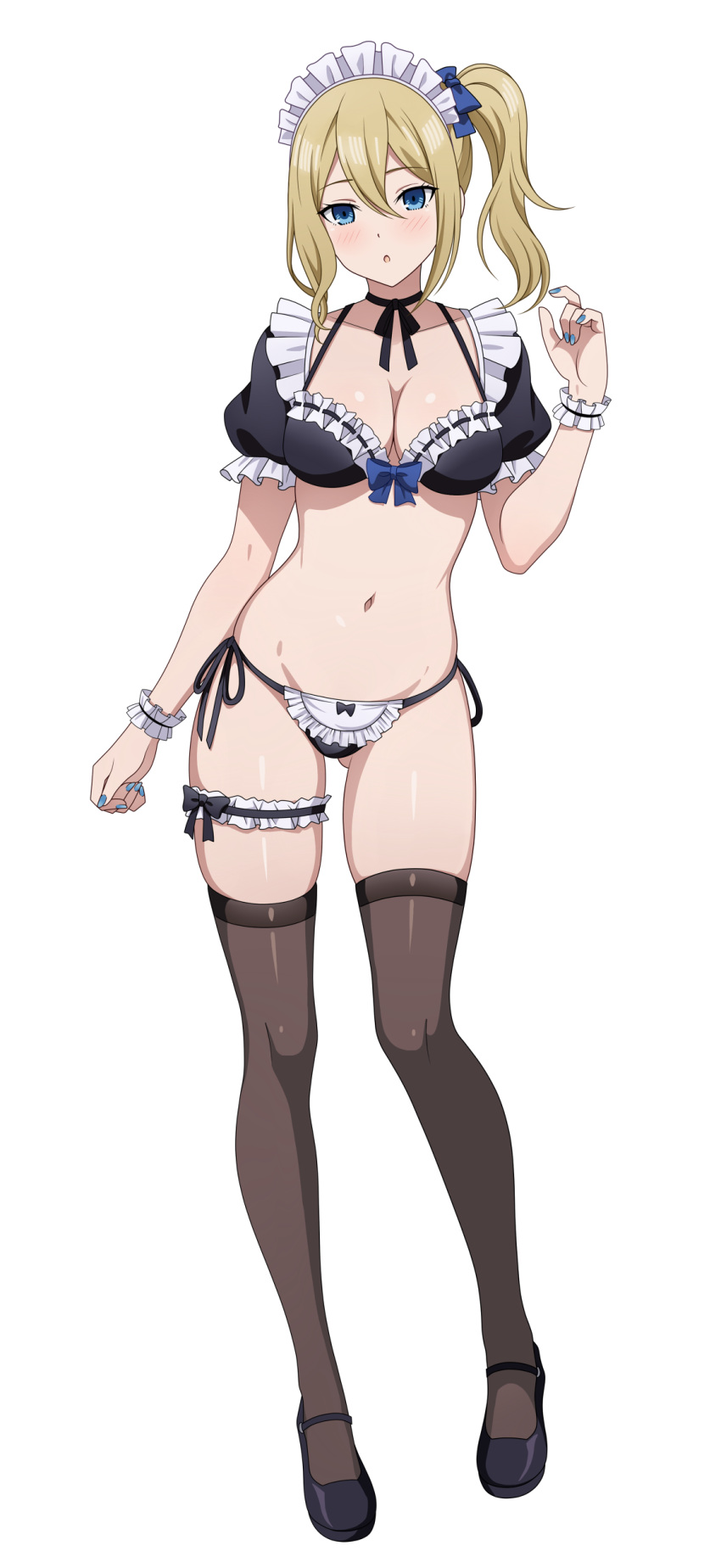 absurdres bikini black_footwear black_thighhighs blonde_hair blue_eyes blue_nails breasts bridal_garter female full_body hair_between_eyes hair_ornament hayasaka_ai highres kaguya-sama_wa_kokurasetai_~tensai-tachi_no_renai_zunousen~ large_breasts long_hair looking_at_viewer maid maid_bikini maid_headdress navel puffy_short_sleeves puffy_sleeves scrunchie shiny_skin short_sleeves side-tie_bikini_bottom side_ponytail solo swimsuit thighhighs unconventional_maid vodka13 white_background