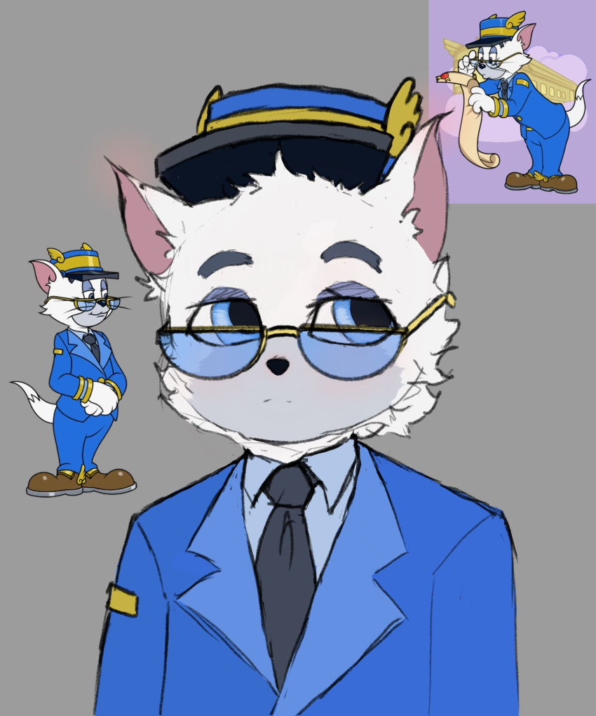 absurd_res anthro black_nose blue_clothing blue_eyes blue_suit clothing conductor cooper_(tom_and_jerry) crispyfox emotionless eyebrows eyewear felid feline fur glasses gold_band gold_glasses grey_body grey_eyebrows grey_fur grey_necktie hat headgear headwear hi_res male mammal metro-goldwyn-mayer multicolored_body multicolored_fur necktie portrait simple_background solo suit tom_and_jerry white_body white_fur