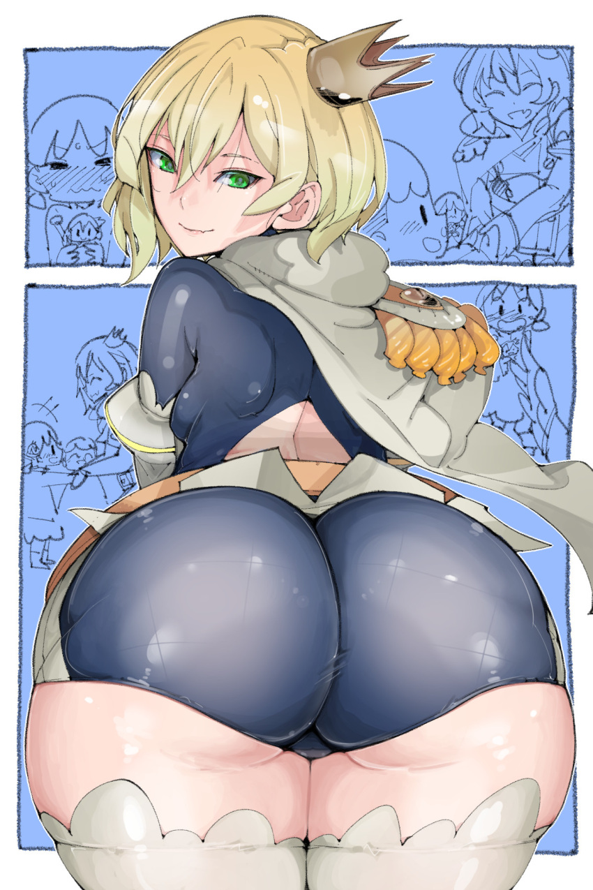 aiguillette amagami_sora ass ass_focus back_cutout bareteru!_cocktail_knights black_shorts blonde_hair blue_background border cape closed_mouth clothing_cutout comic_background commentary_request costume crown elbow_gloves female from_behind gloves green_eyes hair_between_eyes highres huge_ass looking_at_viewer looking_back magical_girl mini_crown outside_border short_hair shorts smile solo takayama_toshinori thighhighs white_border white_thighhighs