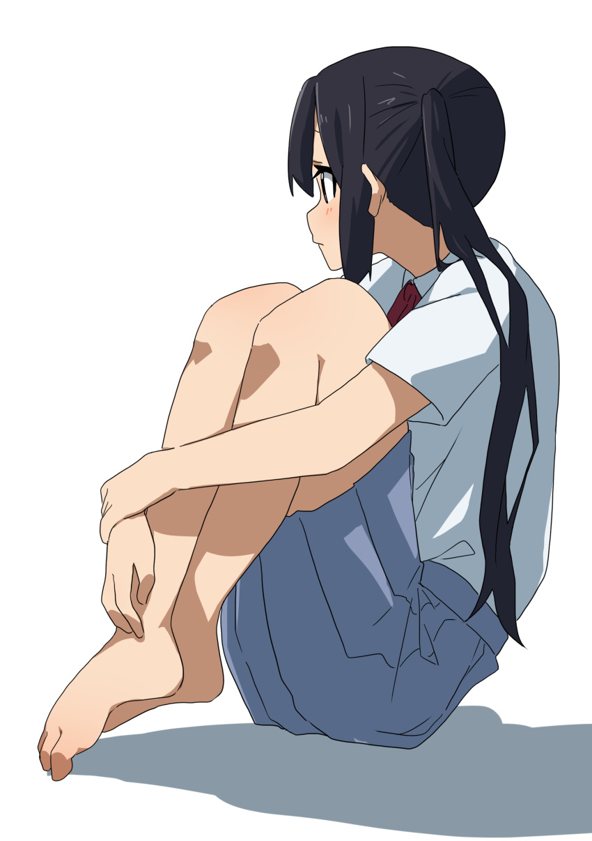 absurdres barefoot black_hair female fetal_position from_side full_body highres k-on! kicchi_(tmgk) knees_up long_hair nakano_azusa no_jacket sakuragaoka_high_school_uniform school_uniform short_sleeves sitting skirt solo summer_uniform twintails white_background