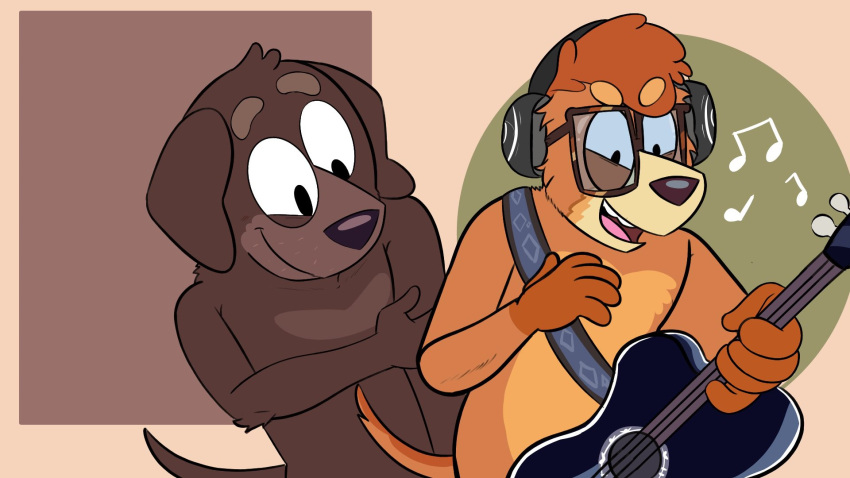 16:9 2023 anthro beargarbage bird_dog black_eyes bluey_(series) brown_body brown_ears brown_eyewear brown_fur brown_glasses brown_hair brown_nose brown_tail busker_(bluey) canid canine canis digital_media_(artwork) domestic_dog duo electronics eyewear fido_(bluey) fur glasses guitar hair half-closed_eyes hand_on_arm hand_on_own_arm happy headphones hi_res holding_guitar holding_musical_instrument holding_object hunting_dog irish_terrier labrador looking_at_another male mammal multicolored_body multicolored_eyewear multicolored_fur multicolored_glasses musical_instrument musical_note musical_symbol narrowed_eyes orange_body orange_fur orange_hair orange_tail playing_guitar playing_music plucked_string_instrument retriever smile standing string_instrument symbol tail teeth tongue two_tone_body two_tone_fur two_tone_tail widescreen