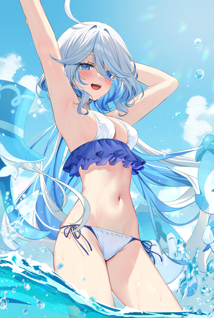 :d absurdres ahoge armpits arms_up bikini blue_eyes blue_hair blue_sky breasts commentary_request drop-shaped_pupils female furina_(genshin_impact) genshin_impact gentilhomme_usher grey_hair hair_between_eyes hat heterochromia highres hizuki_higure light_blue_hair long_hair looking_at_viewer medium_breasts multicolored_hair partially_submerged side-tie_bikini_bottom sky smile solo surintendante_chevalmarin swimsuit symbol-shaped_pupils very_long_hair white_bikini