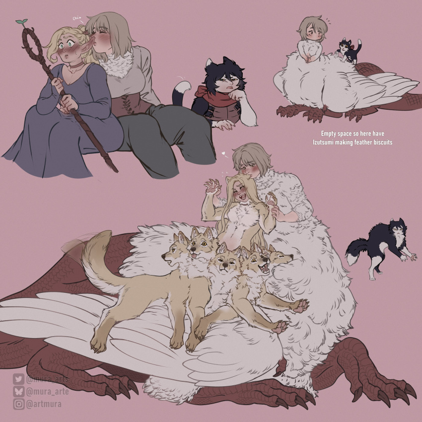 3girls absurdres alternate_species ambrosia_(dungeon_meshi) biting black_hair blonde_hair body_fur cat_girl centauroid chimera claws dungeon_meshi ear_biting elf falin_touden falin_touden_(chimera) fangs feathered_wings feathers feline grey_hair highres izutsumi kissing_ear marcille_donato marcille_donato_(scylla) monster_girl monsterification multiple_girls multiple_heads murasaki-yuri pointy_ears red_scales spoilers taur white_feathers wings yuri