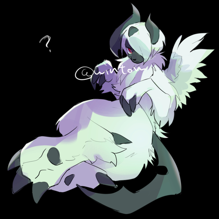 absol artist_name black_background bright_pupils closed_mouth commentary_request female full_body furry furry_female highres looking_at_viewer looking_back mega_absol neck_fur pokemon red_eyes short_hair simple_background twitter_username white_hair wintom