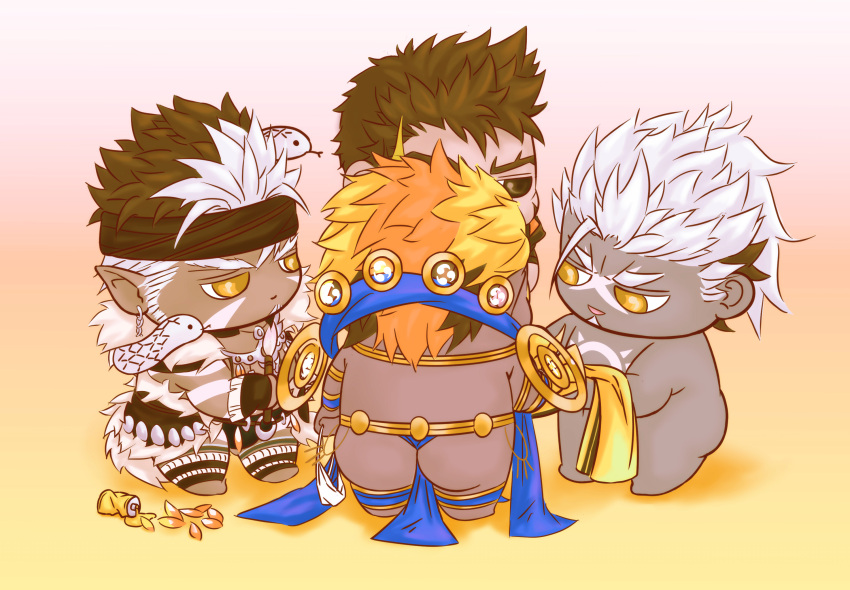 ass beard belt bidziil_(gyee) blonde_hair brown_eyes brown_hair buegnahrnc9m9lh chibi collar dark_skin ear_piercing earrings facial_hair gyee heracles_(housamo) highres jewelry loincloth metal metal_belt metal_collar multicolored_hair necklace paradiso_guardian piercing raikoh_(paradiso_guardian) simple_background smile snake spiked_hair tangaroa_(housamo) tattoo tokyo_afterschool_summoners white_hair yellow_eyes