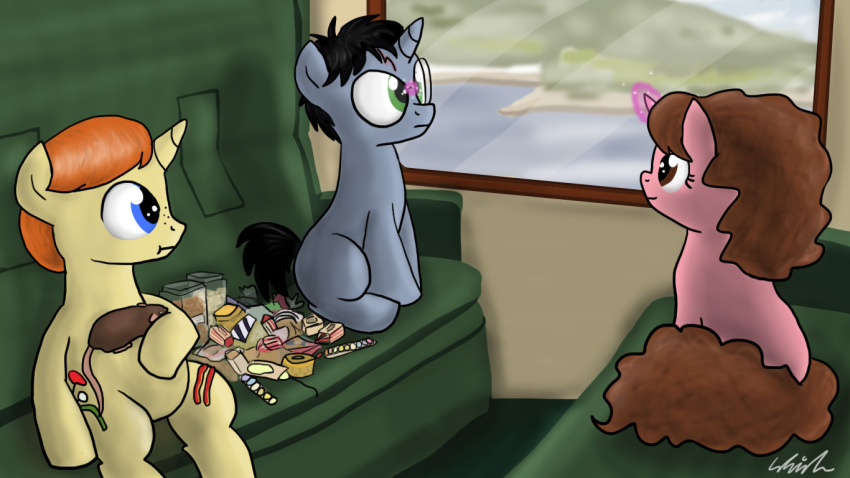 16:9 blue_eyes candy dessert equid equine female food green_eyes group harry_potter harry_potter_(series) hasbro hermione_granger horn horse male male/female mammal murid murine my_little_pony mythological_creature mythological_equine mythology pony qemma rat rodent ron_weasley sitting train_interior trio unicorn widescreen window