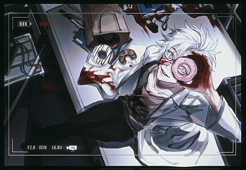 1boy bag black_border black_pants blood blood_on_clothes blood_on_face blood_on_hands border corrupted_twitter_file doughnut food from_above glasses grey_shirt hashtag-only_commentary highres holding holding_food indoors kanou_aogu lab_coat long_sleeves looking_at_viewer male_focus on_table open_clothes pants paper_bag recording saibou_shinkyoku she_yellowbelly shirt short_hair sitting sitting_on_table smile solo table white_hair wire