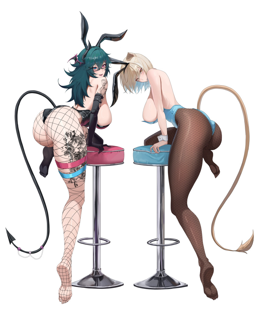 2girls absurdres animal_ears arm_tattoo aruna_reaver ass black_gloves black_horns black_leotard black_thighhighs blonde_hair blue_eyes blue_leotard breasts demon_horns demon_tail elbow_gloves fake_animal_ears feet fishnet_pantyhose fishnets gloves green_hair hair_between_eyes hair_ornament hairclip hazumi_aileen head_wings highres horns indie_virtual_youtuber large_breasts leg_tattoo leotard lion_ears lion_girl lion_tail long_hair looking_back multiple_girls pantyhose playboy_bunny purple_eyes rabbit_ears rasipan second-party_source semi-rimless_eyewear single_thighhigh smile snake_tattoo stool strapless strapless_leotard tail tail_ornament tattoo thigh_strap thighhighs thighhighs_over_pantyhose virtual_youtuber wings yellow_eyes