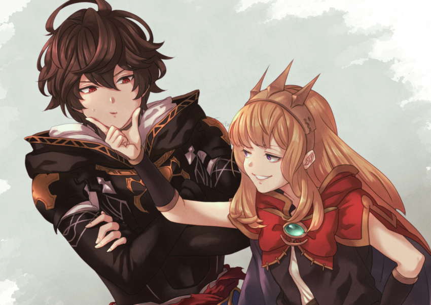 1boy ahoge armlet armor blonde_hair breastplate brown_hair cagliostro_(granblue_fantasy) cape commentary_request crossed_arms female fingerless_gloves gloves granblue_fantasy grin hair_between_eyes hairband hand_on_another's_chin height_difference hime_cut hood hood_down long_hair messy_hair mifuta puffy_cheeks purple_eyes red_eyes sandalphon_(granblue_fantasy) short_hair simple_background smile smug sweatdrop tiara