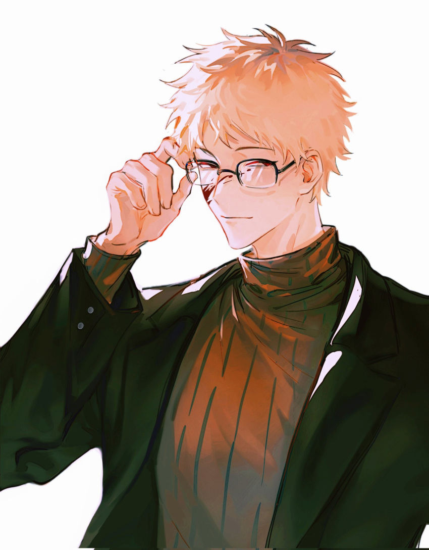 1boy adjusting_eyewear atou_haruki black_jacket blonde_hair blood blood_on_face brown_sweater chinese_commentary closed_mouth commentary_request highres jacket long_sleeves male_focus open_clothes open_jacket rectangular_eyewear red_eyes ribbed_sweater saibou_shinkyoku she_yellowbelly short_hair simple_background solo sweater turtleneck turtleneck_sweater upper_body white_background