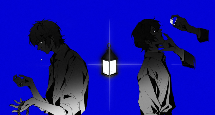 2boys blue_background collared_shirt crying crying_with_eyes_open disembodied_hand film_grain from_side greyscale_with_colored_background harada_minoru highres lantern long_sleeves male_focus multiple_boys open_clothes open_mouth open_shirt rolled_up saibou_shinkyoku she_yellowbelly shirt short_hair tears upper_body utsugi_noriyuki