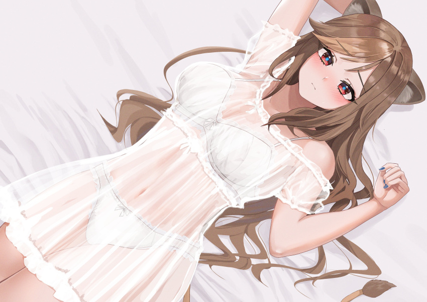 absurdres animal_ear_fluff animal_ears bed_sheet blue_nails blush bow bow_bra bow_panties bra breasts brown_hair closed_mouth covered_navel dress female hazumi_aileen highres indie_virtual_youtuber lion_ears lion_girl lion_tail long_hair looking_at_viewer lying nail_polish navel on_back panties ramachiru second-party_source see-through see-through_dress short_sleeves solo tail underwear virtual_youtuber white_bra white_dress white_panties