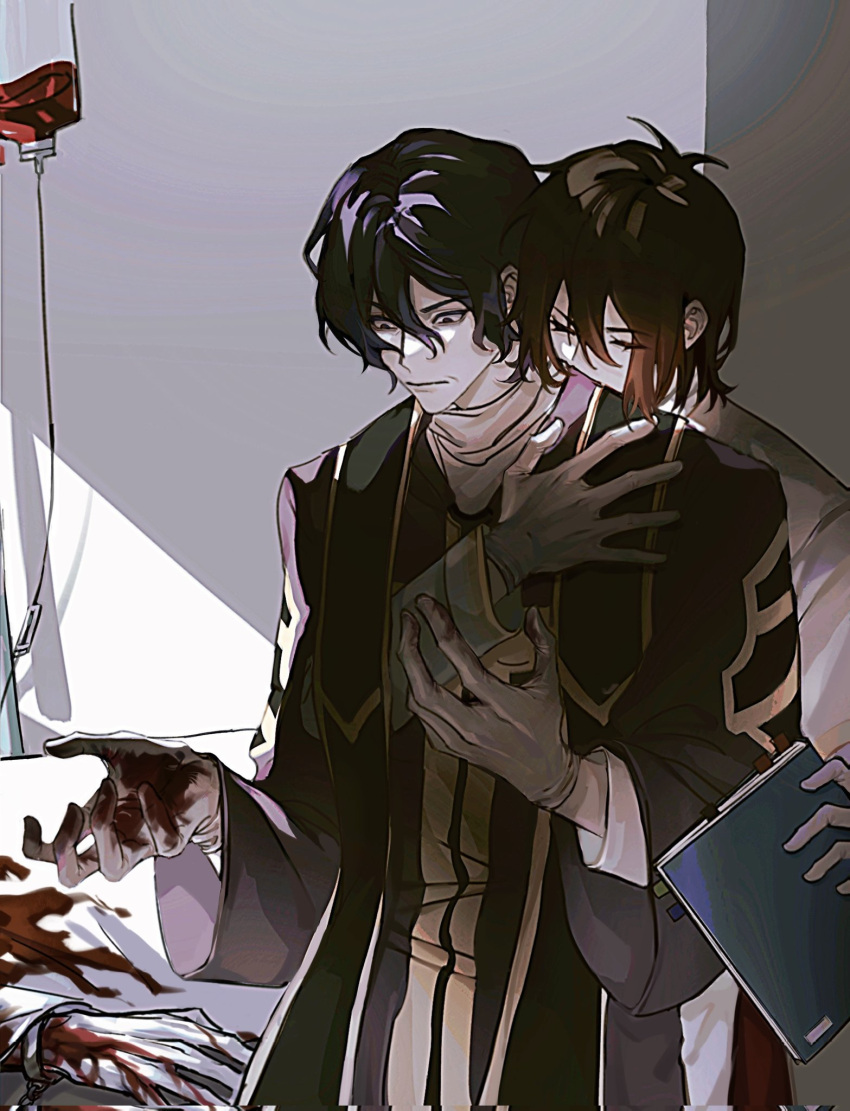 2boys alternate_universe black_hair blood blood_bag blood_on_hands brown_hair capelet chinese_commentary closed_mouth commentary_request corrupted_twitter_file gloves gold_trim grey_gloves hair_between_eyes hand_up highres hug hug_from_behind isoi_haruki long_sleeves male_focus medium_hair multiple_boys saibou_shinkyoku she_yellowbelly shirt short_hair stole utsugi_noriyuki white_capelet white_shirt