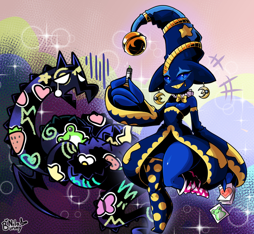 anthro blue_body blue_skin colorful_background dragon dream ear_piercing ear_ring female generation_6_pokemon hamsteroftime hi_res marker mega_banette mega_evolution mythological_creature mythological_scalie mythology nightmare nintendo piercing pokemon pokemon_(species) ring_piercing scalie sticker