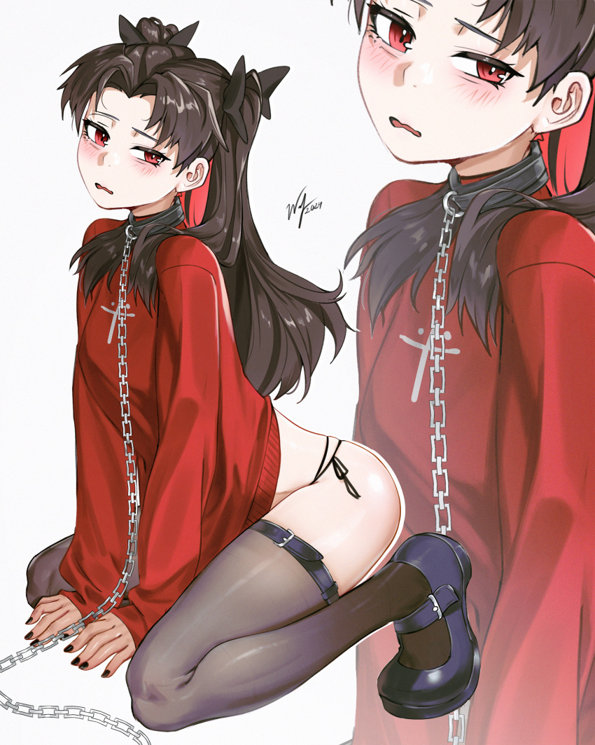 black_collar black_hair black_nails black_thighhighs blush chain_leash chains collar commentary cosplay english_commentary fate/grand_order fate/stay_night fate_(series) female frown full_body highres ishtar_(fate) kneeling leaning_forward leash long_hair looking_at_viewer nail_polish no_pants open_mouth panties parted_bangs red_eyes red_sweater side-tie_panties signature simple_background sleeves_past_wrists sweater thighhighs tohsaka_rin tohsaka_rin_(cosplay) turtleneck turtleneck_sweater two_side_up underwear variant_set waligner wavy_mouth white_background zoom_layer