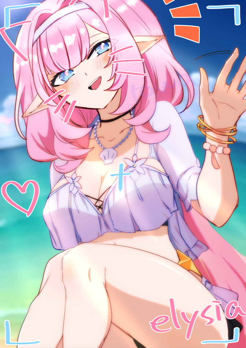 absurdres animal_ears bikini blue_eyes bracelet breasts cat_ears character_name cleavage elf elysia_(honkai_impact) elysia_(miss_pink_elf)_(honkai_impact) elysia_(summer_miss_elf)_(honkai_impact) fake_animal_ears fake_whiskers female hair_between_eyes headband heart highres honkai_(series) honkai_impact_3rd jewelry large_breasts legs long_hair looking_at_viewer necklace ocean open_mouth outdoors pearl_necklace pink_hair pointy_ears satoyukitowa short_sleeves sitting smile stomach summer swimsuit teeth thighs upper_teeth_only viewfinder water waving_hands whiskers white_bikini white_headband