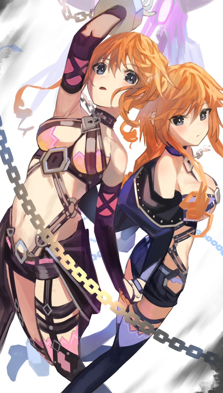 2girls absurdres blue_eyes braid breasts chains cleavage date_a_live drill_hair drill_sidelocks hair_between_eyes highres kouhiipan long_hair looking_at_viewer medium_breasts multiple_girls navel open_mouth orange_hair revealing_clothes siblings sidelocks thigh_strap third-party_source twins yamai_kaguya yamai_yuzuru