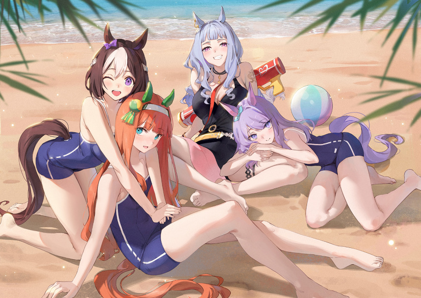 4girls ;d animal_ears ball beach beachball blue_one-piece_swimsuit breasts brown_hair cleavage commentary_request emyo feet gold_ship_(run_revolt_launcher)_(umamusume) gold_ship_(umamusume) group_picture highres horse_ears horse_girl horse_tail hug hug_from_behind long_hair looking_at_viewer mejiro_mcqueen_(umamusume) multiple_girls odd_one_out one-piece_swimsuit one_eye_closed open_mouth orange_hair purple_hair school_swimsuit short_hair silence_suzuka_(umamusume) sitting smile special_week_(umamusume) swimsuit tail tracen_swimsuit umamusume