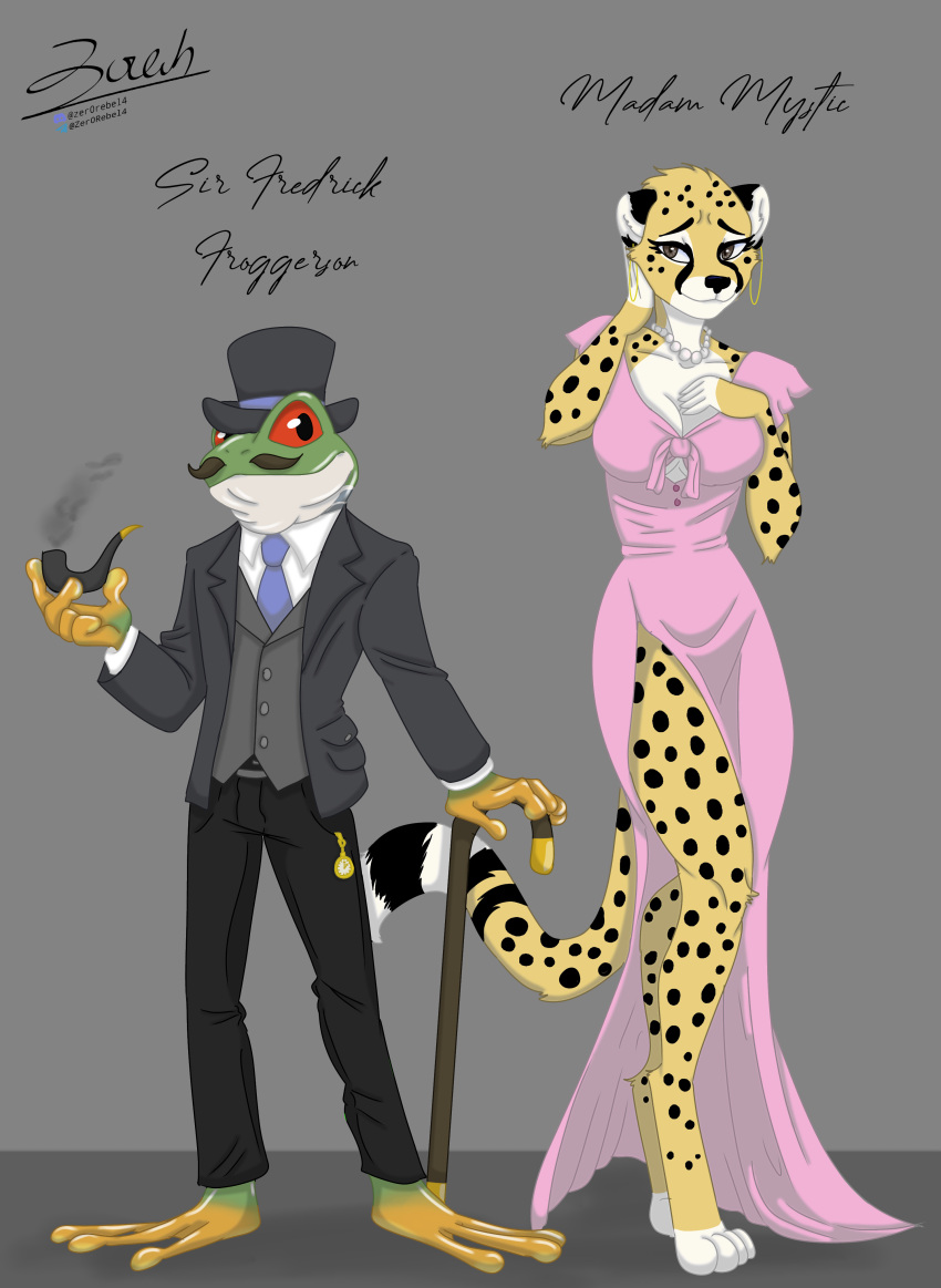 1950s 2024 absurd_res amphibian anthro black_body black_eyes black_fur black_markings breasts brown_eyes cane cheetah cleavage clock clothed clothing cursive digital_media_(artwork) discord_(app) dress dress_shirt duo english_text facial_hair feet felid feline female frog full-length_portrait fur green_body green_skin hi_res jewelry male mammal markings moustache necklace necktie orange_body orange_markings orange_skin paws pipe pocketwatch portrait red-eyed_treefrog red_sclera shirt shy spots spotted_markings suit telegram text thigh_slit toes topwear tree_frog vest watch white_body white_fur white_markings yellow_body yellow_fur zer0rebel4