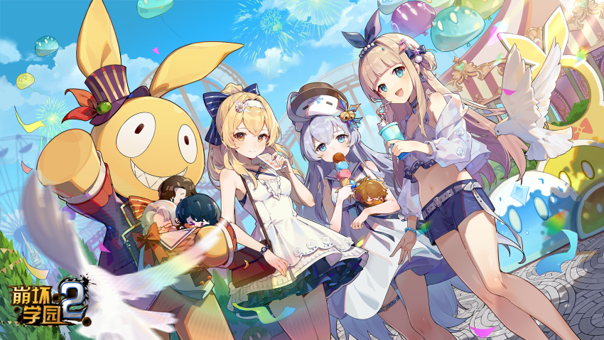 3girls ahoge artem_wing_(tears_of_themis) bag bare_shoulders benghuai_xueyuan bird blonde_hair blue_bow blue_eyes blue_shorts blue_sky bow bracelet breasts character_request choker closed_mouth cloud copyright_name dove dress drink earrings eating ferris_wheel food genshin_impact grey_hair hair_ornament hairbow hat high_ponytail highres holding holding_drink holding_food holding_ice_cream homu_(honkai_impact) honkai_(series) ice_cream jewelry logo long_hair looking_at_viewer marius_von_hagen_(tears_of_themis) mihoyo multiple_girls navel nodens_(benghuai_xueyuan) official_art open_mouth outdoors sailor_collar second-party_source shorts shoulder_bag sky sleeveless sleeveless_dress slime_(genshin_impact) smile snow_(benghuai_xueyuan) tears_of_themis thigh_strap tiramisu_(6822816123) vyn_richter_(tears_of_themis) watch white_dress yellow_eyes