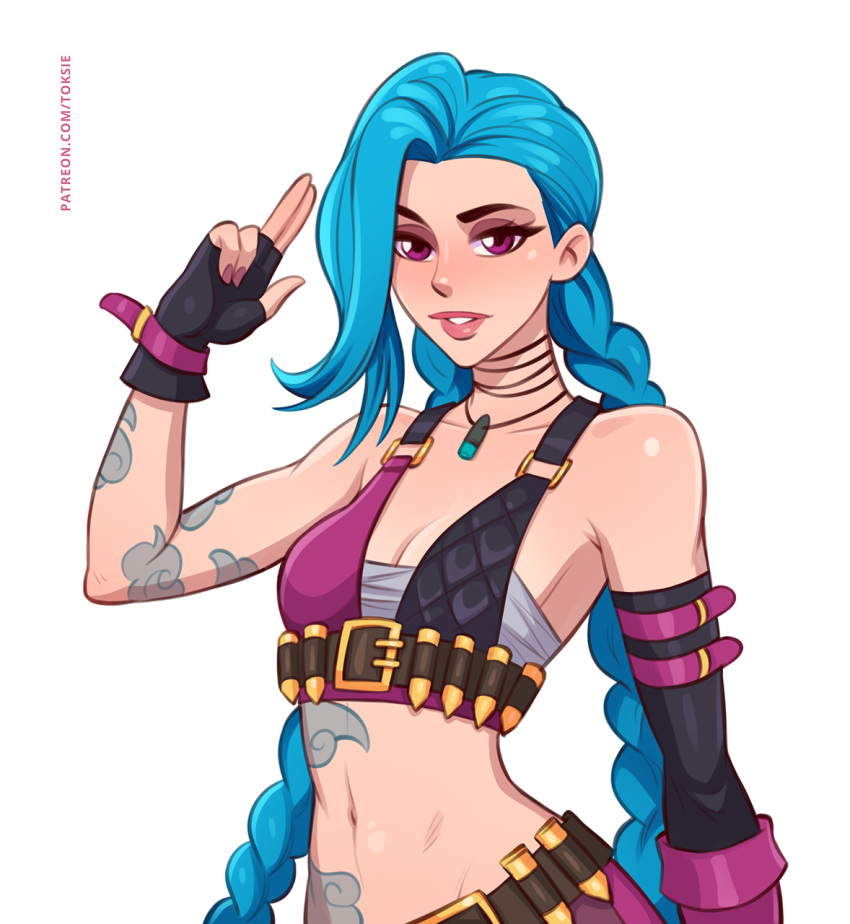 arm_tattoo asymmetrical_bangs bare_shoulders blue_hair braid breasts bullet bullet_necklace cleavage cloud_tattoo female finger_gun fingerless_gloves gloves highres jinx_(league_of_legends) league_of_legends long_hair looking_at_viewer patreon_username pink_eyes simple_background small_breasts smile solo stomach_tattoo tattoo toksie twin_braids twintails upper_body very_long_hair white_background