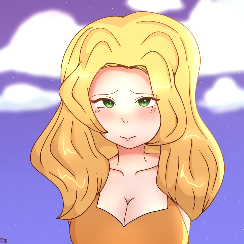 1girls amber/sophia_(my_story_animated) artist_name blonde_female blonde_hair blush blush_lines cleavage cloud female female_focus female_only green_eyes highres looking_at_viewer mikumiyo milf my_story_animated night seductive seductive_smile self_upload simple_background wavy_hair youtube