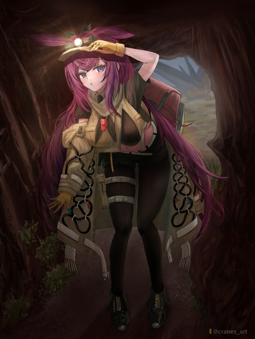 absurdres animal_ears arknights black_footwear black_pants breasts brown_gloves brown_jacket cave_interior cranes_(hiroro1) crop_top female flashlight gloves hair_between_eyes highres jacket large_breasts long_hair midriff navel open_clothes open_jacket pants purple_eyes purple_hair rabbit_ears rabbit_girl ray_(arknights) shoes twitter_username whistle whistle_around_neck