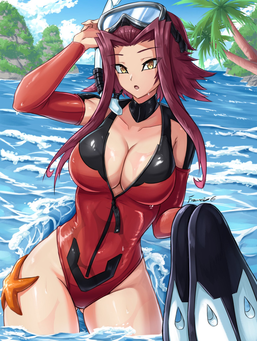 bodysuit breasts brown_eyes cleavage diving_mask diving_mask_on_head diving_regulator diving_suit female fgsketch goggles goggles_on_head highres huge_breasts izayoi_aki large_breasts looking_at_viewer open_bodysuit open_clothes open_mouth open_wetsuit red_hair scuba scuba_gear snorkel solo swimsuit water wetsuit yu-gi-oh! yu-gi-oh!_5d's