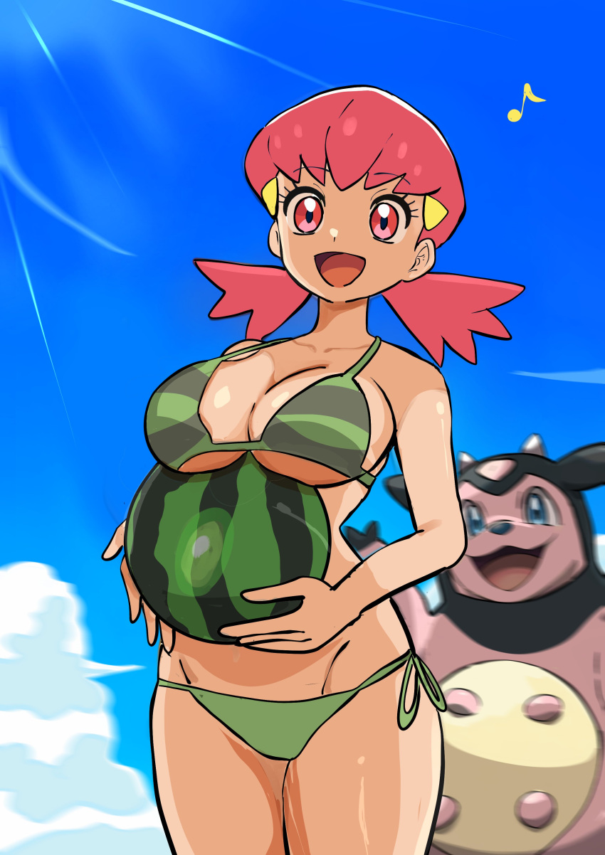 :3 absurdres animal_ears animal_nose bikini blue_eyes blue_sky blurry bovine breasts cleavage cloud cone_horns cow_ears cowboy_shot depth_of_field eyelashes female green_bikini hair_ornament highres holding_watermelon horns large_breasts light_rays looking_at_viewer makademia miltank musical_note open_mouth pink_eyes pink_hair pokemon pokemon_(creature) pokemon_gsc pokemon_hgss sky smile string_bikini sunlight swimsuit twintails whitney_(pokemon)