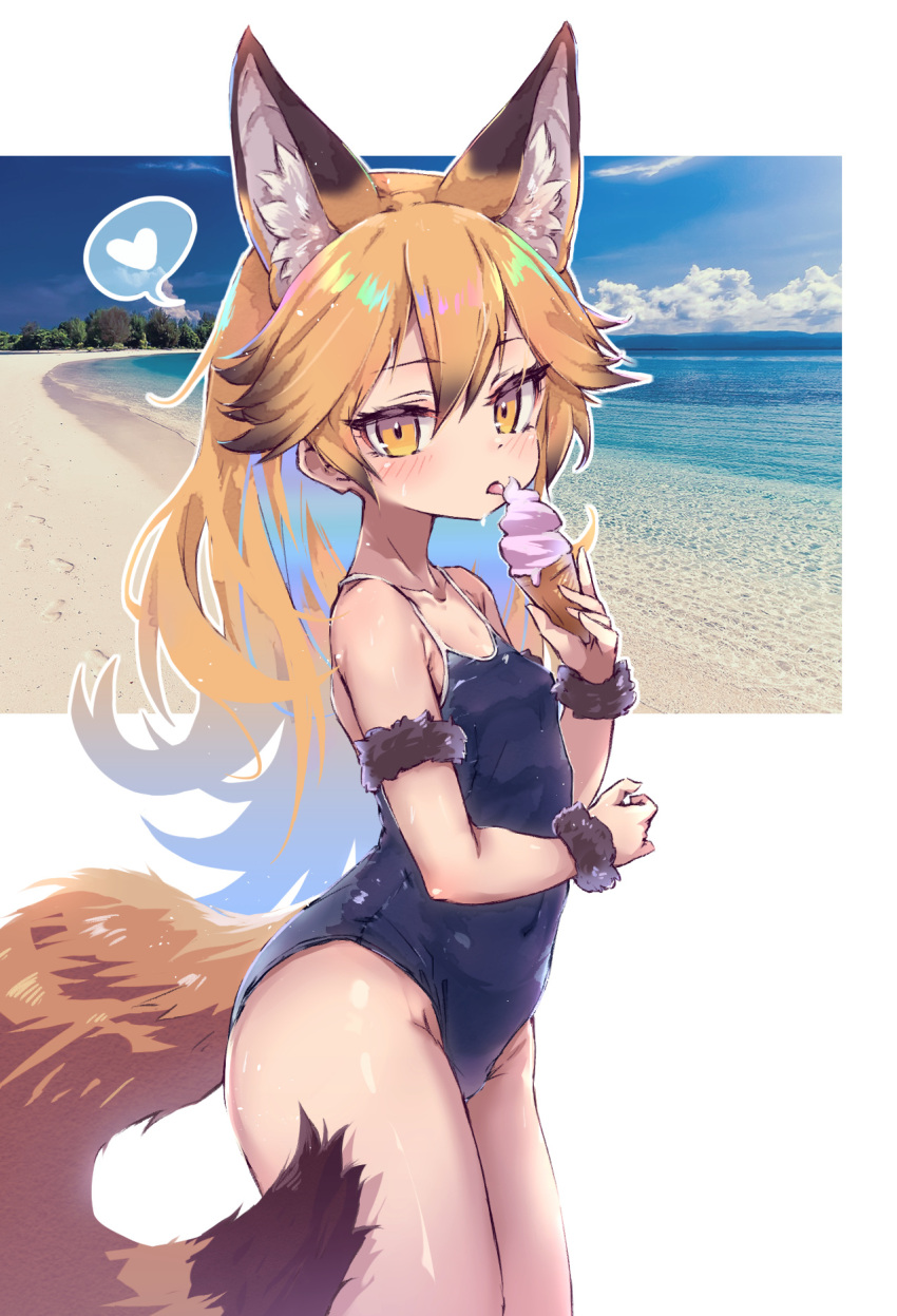 alternate_costume animal_ear_fluff animal_ears bare_legs bare_shoulders beach black_hair blonde_hair blue_one-piece_swimsuit breasts collarbone commentary extra_ears ezo_red_fox_(kemono_friends) female fox_ears fox_girl fox_tail gradient_hair hair_between_eyes heart highres ice_cream_cone kemono_friends kolshica licking light_blush long_hair looking_at_viewer multicolored_hair one-piece_swimsuit orange_hair petite photo_background small_breasts solo spoken_heart swimsuit symbol-only_commentary tail tongue tongue_out white_background