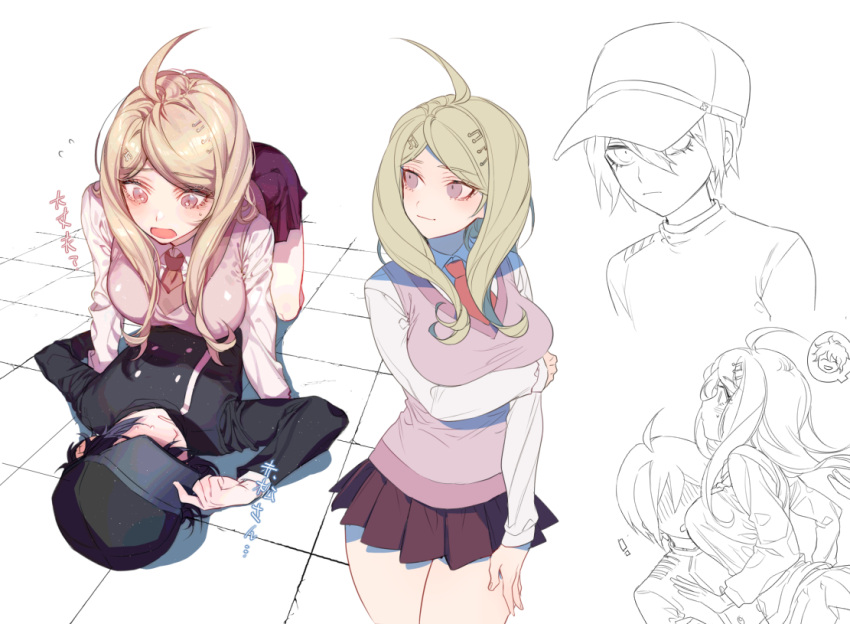 ! 2boys ahoge akamatsu_kaede amami_rantaro antenna_hair arm_under_breasts baseball_cap between_breasts black_hair black_hat black_jacket blonde_hair blush breasts buttons clenched_teeth closed_eyes closed_mouth collared_jacket collared_shirt cowgirl_position danganronpa_(series) danganronpa_v3:_killing_harmony double-breasted embarrassed falling female fingernails flying_sweatdrops hair_ornament hand_on_headwear hat head_between_breasts high_collar holding_own_arm huge_breasts jacket layered_sleeves light_blush light_smile line_art long_hair long_sleeves lying lying_on_person miniskirt multiple_boys multiple_views musical_note musical_note_hair_ornament necktie nervous_sweating on_back on_stomach open_mouth orange_necktie partially_colored pink_vest pleated_skirt purple_eyes purple_skirt saihara_shuichi shirt skirt spoken_character straight sweat teeth thighs tile_floor tiles v-neck vest white_background white_shirt zuizi