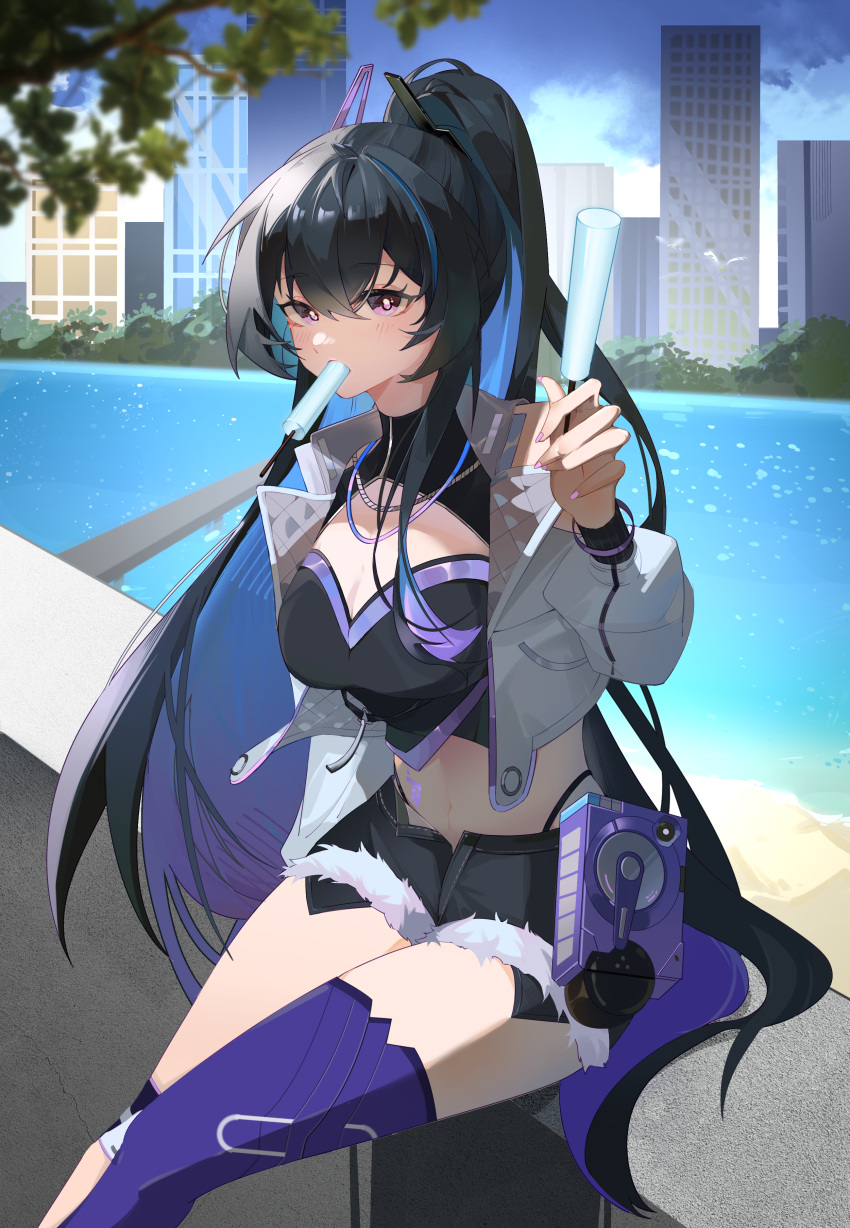 absurdres black_collar black_hair black_shirt black_shorts blue_hair breasts building cleavage collar colored_inner_hair commentary_request crop_top female food food_in_mouth hair_ornament high_ponytail highres holding holding_food holding_popsicle jacket large_breasts legs_together looking_at_viewer midriff mizu_moku_shio multicolored_hair nail_polish navel official_alternate_costume open_clothes open_fly open_jacket outdoors pink_nails popsicle popsicle_in_mouth punishing:_gray_raven purple_eyes purple_thighhighs selena:_capriccio_(punishing:_gray_raven) selena_(punishing:_gray_raven) shirt short_shorts shorts sidelocks single_thighhigh sitting solo streaked_hair thighhighs water white_jacket