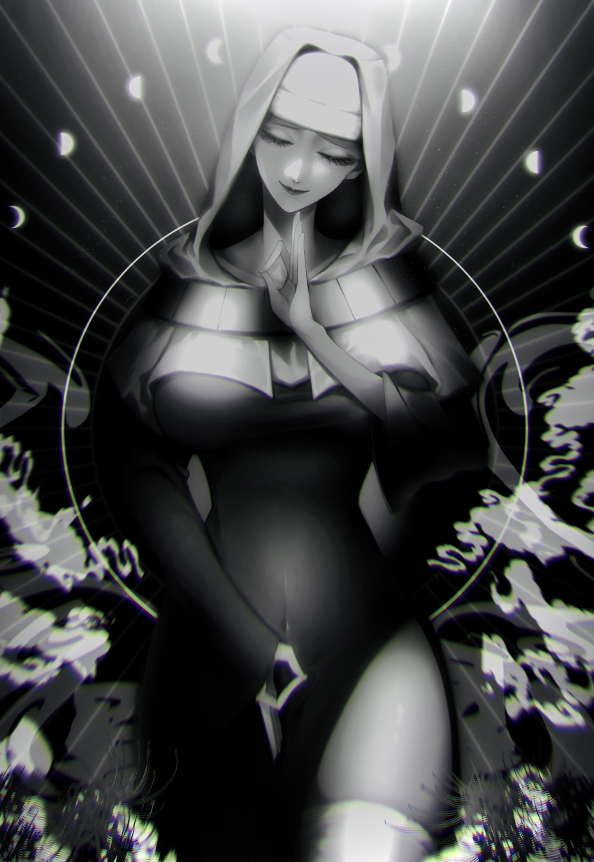 absurdres breasts buddhist_nun coif crescent_moon dress fate/grand_order fate_(series) female greyscale highres large_breasts monochrome moon mudra nakai111 nun sessyoin_kiara side_slit solo thighhighs vitarka_mudra white_dress white_thighhighs