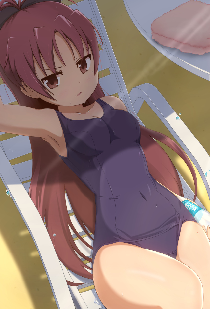 black_one-piece_swimsuit bottle breasts brown_eyes brown_hair chair cleavage commentary covered_navel curakuru feet_out_of_frame female furrowed_brow highres holding holding_bottle long_hair looking_at_viewer lounge_chair mahou_shoujo_madoka_magica marine_day medium_breasts old_school_swimsuit one-piece_swimsuit parted_lips plastic_bottle reclining sakura_kyoko school_swimsuit solo swimsuit very_long_hair