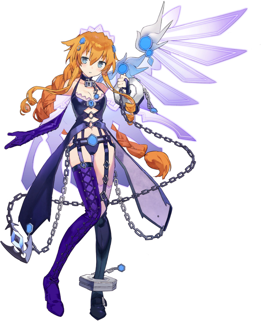 asymmetrical_wings blue_eyes boots braid breasts chains date_a_live drill_hair drill_sidelocks fantasia_re:build female full_body highres long_hair medium_breasts navel noco_(adamas) official_alternate_costume official_art orange_hair parted_lips revealing_clothes sidelocks single_braid solo thigh_boots third-party_source transparent_background wings yamai_yuzuru