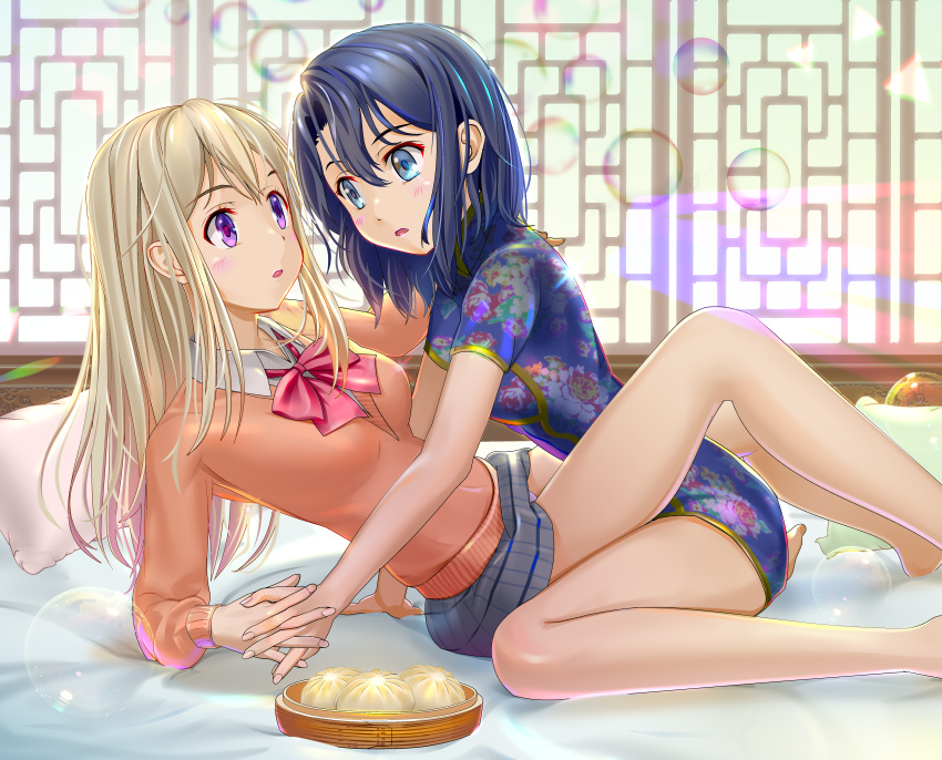 2girls absurdres adachi_sakura adachi_to_shimamura baozi bare_legs blonde_hair blue_dress blue_eyes blue_hair blush bow bowtie china_dress chinese_clothes dress dyuei feet_out_of_frame food gold_trim grey_skirt highres interlocked_fingers legs long_sleeves multiple_girls on_bed orange_sweater pillow purple_eyes red_bow red_bowtie school_uniform shimamura_hougetsu shirt short_sleeves sitting skirt sweater wariza white_shirt yuri