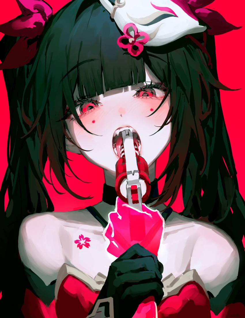 1other absurdres bare_shoulders black_choker black_gloves black_hair choker collarbone colored_extremities dress fangs female flower_tattoo fox_mask gloves grabbing_another's_hand gun_in_mouth highres honkai:_star_rail honkai_(series) li_nauu long_hair looking_at_viewer mark_under_both_eyes mask mask_on_head mole mole_under_each_eye mole_under_eye multiple_moles open_mouth portrait red_background red_dress red_eyes red_hands simple_background solo sparkle_(honkai:_star_rail) tattoo teeth twintails