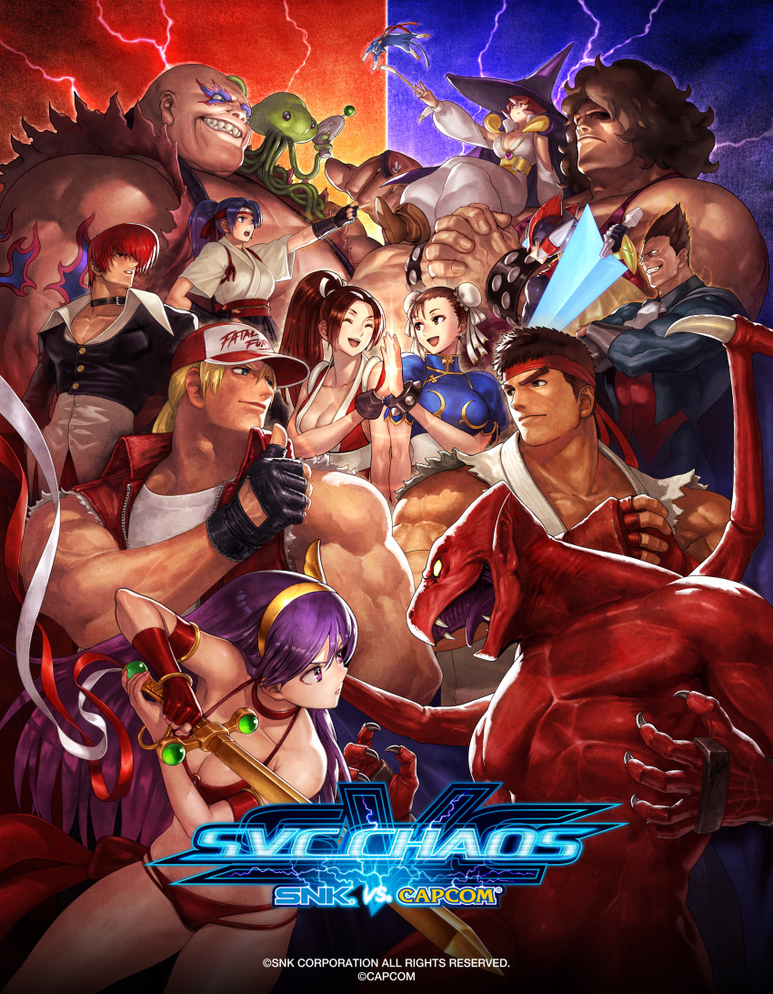 6+boys 6+girls absurdres afro android athena_(series) blank_eyes blonde_hair blue_eyes bracelet breasts capcom chun-li copyright_name crossed_arms crossover dark_skin demitri_maximoff demon demon_wings dougi earthquake_(samurai_spirits) energy_sword fangs fatal_fury fatal_fury_cap final_fight gloves helmet high_five highres holding holding_weapon hugo_andore jewelry large_breasts logo long_hair makaimura mars_people medium_breasts mega_man_(series) mega_man_zero_(series) metal_slug multiple_boys multiple_crossover multiple_girls muscular ogura_eisuke open_mouth princess_athena red_arremer rivalry ryu_(street_fighter) ryuuko_no_ken samurai_spirits shiranui_mai simple_background smile snk street_fighter studded_bracelet svc_chaos sword tabasa tentacle terry_bogard the_king_of_fighters thumbs_up toudou_kasumi upper_body vampire_(game) warzard weapon wings wizard yagami_iori yellow_eyes z_saber zero(z)_(mega_man) zero_(mega_man)