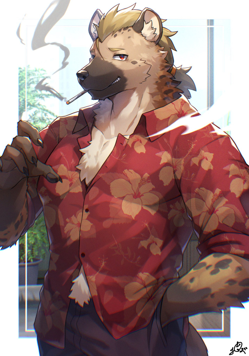 1boy bara blonde_hair body_fur brown_fur cigarette claws commentary_request furry furry_male grin hand_in_pocket hawaiian_shirt highres hyena_boy looking_at_viewer low_ponytail male_focus mohawk original ponzu_tas red_eyes red_shirt shirt short_hair smile smoking solo upper_body