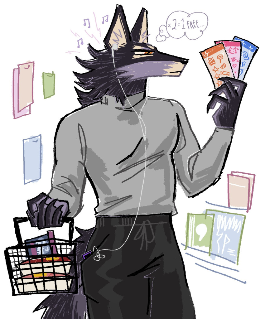 anthro black_body black_fur blue_body blue_fur bottomwear canid canine canis clothing earbuds electronics english_text fur half-closed_eyes headphones hi_res inner_dialogue jariloxe long_sleeve_shirt male mammal narrowed_eyes neck_tuft pants portable_music_player shopping_basket simple_background solo sweatpants tan_body tan_fur text thought_bubble tuft wolf