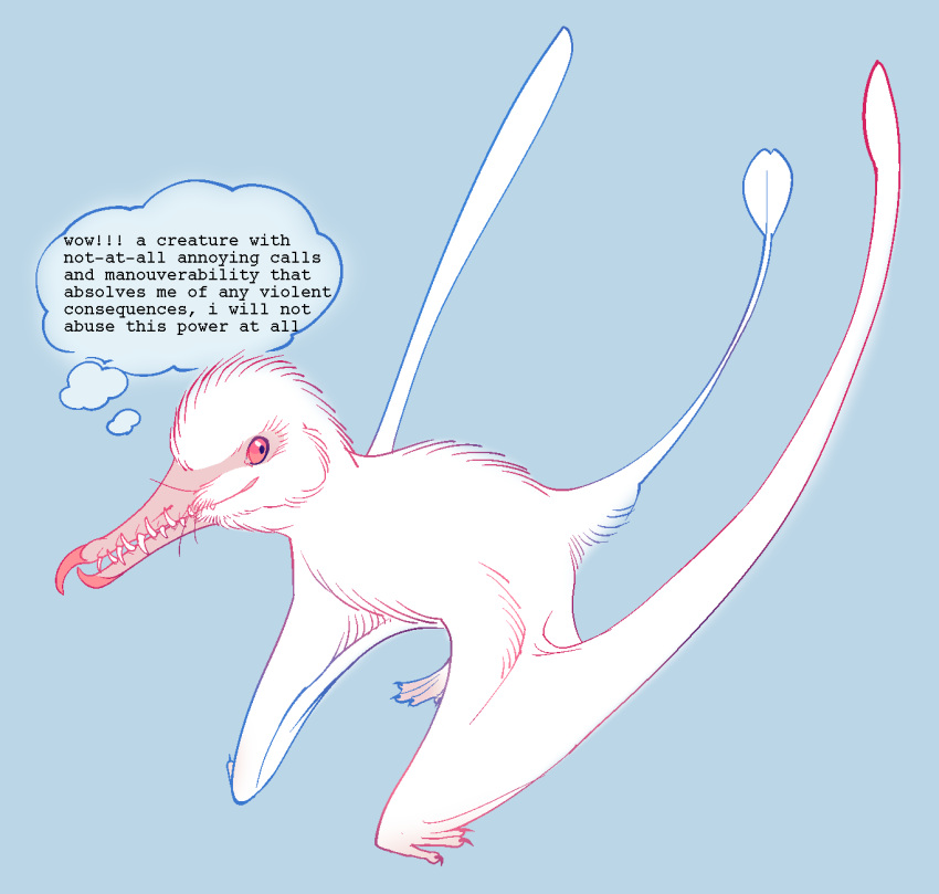 ambiguous_gender beak blue_background english_text entitycore feral hi_res path_of_titans prehistoric_species pterosaur reptile rhamphorhynchus scalie simple_background solo tail text thought_bubble