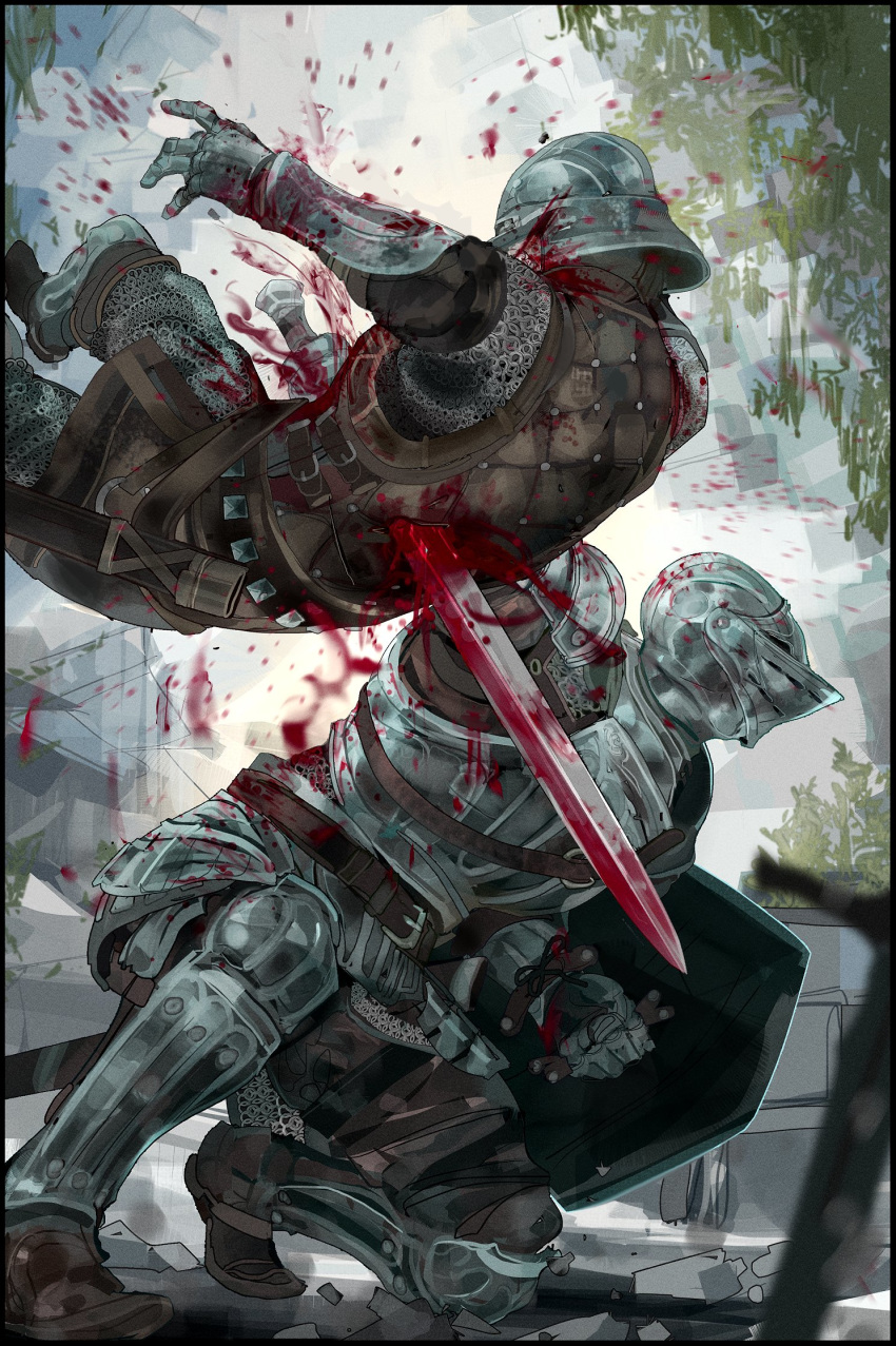 2others ambiguous_gender armor attack battle blood blood_on_clothes blood_on_weapon blood_splatter blurry blurry_foreground breastplate commentary death demon's_souls full_armor full_body gauntlets greaves helmet highres holding holding_shield holding_sword holding_weapon impaled looking_away multiple_others murder nslacka on_one_knee outdoors pauldrons planted planted_sword shield shoulder_armor slayer_of_demons stab sword weapon