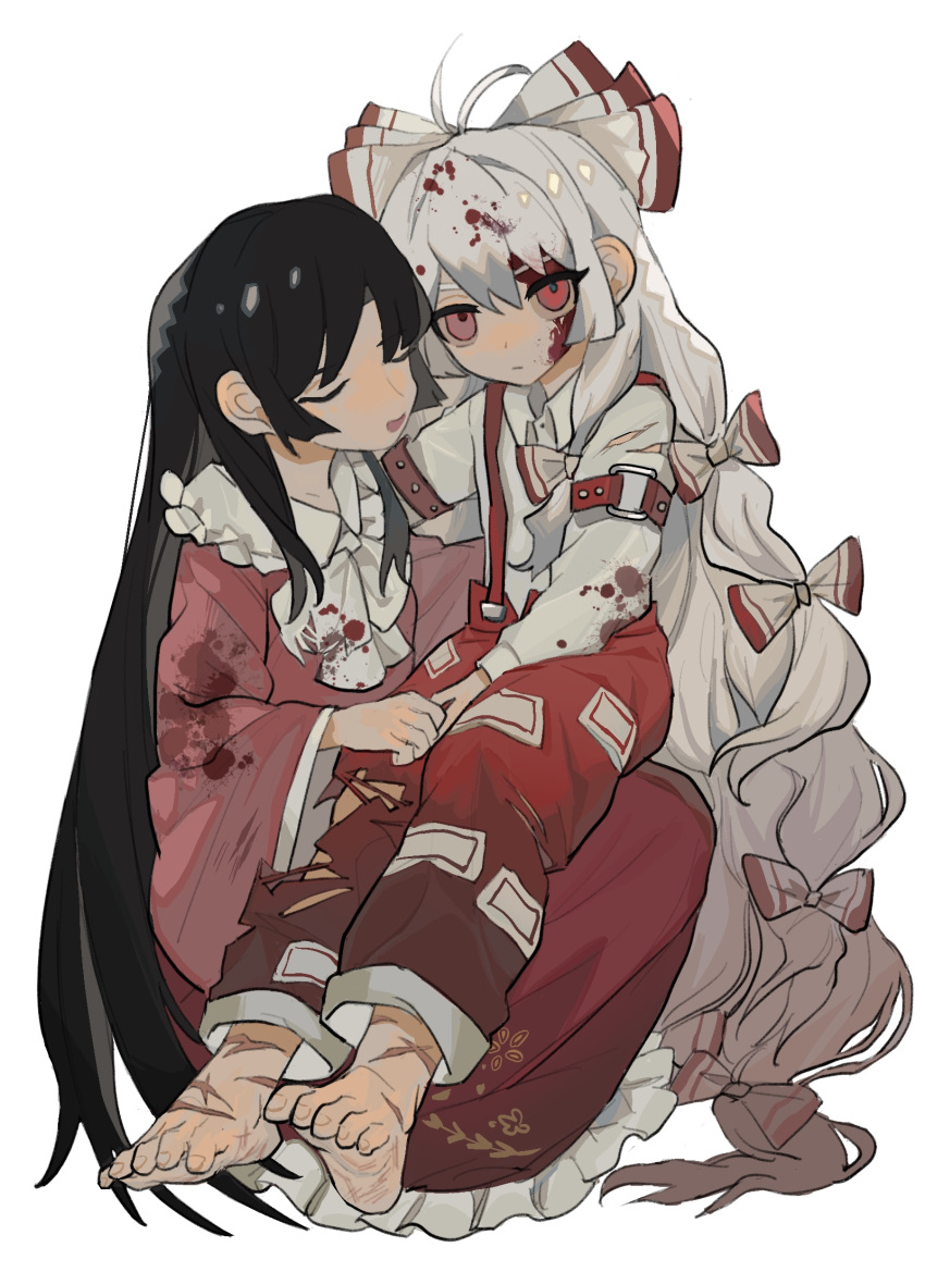 2girls arm_strap barefoot black_hair blood blood_on_clothes blood_on_face bow bowtie closed_eyes closed_mouth collared_shirt commentary_request feet frilled_shirt_collar frilled_skirt frills fujiwara_no_mokou full_body highres houraisan_kaguya long_hair long_sleeves looking_at_viewer multiple_girls ofuda ofuda_on_clothes open_mouth pants pink_shirt red_bow red_eyes red_pants red_skirt scar scar_on_foot shirt shiye_hong simple_background sitting sitting_on_lap sitting_on_person skirt suspenders toes torn_clothes torn_pants touhou two-tone_bow very_long_hair white_background white_bow white_bowtie white_hair white_shirt