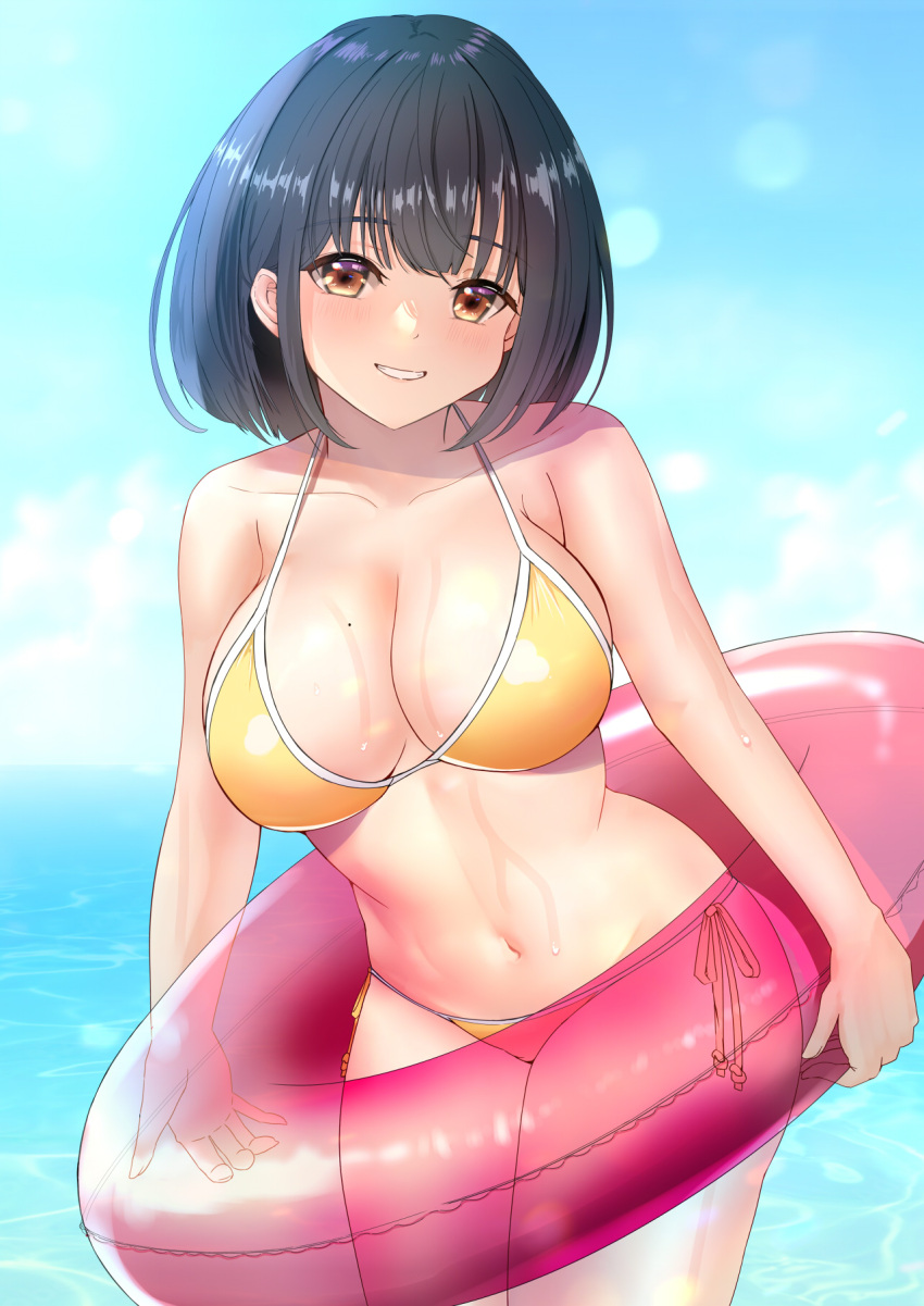 bikini black_hair breasts brown_eyes cleavage cowboy_shot female highres horizon innertube iwanishi large_breasts leaning_forward ocean original parted_lips short_hair side-tie_bikini_bottom smile solo standing swim_ring swimsuit water yellow_bikini