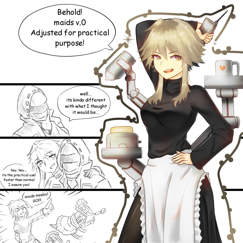 1other ahoge alternate_costume ambiguous_gender apron arknights black_sweater blonde_hair breasts cake coffee_mug cup doctor_(arknights) english_text enmaided female food highres holding holding_phone large_breasts maid maid_apron mayer_(arknights) meeboo_(arknights) mug najashi phone sweater white_background